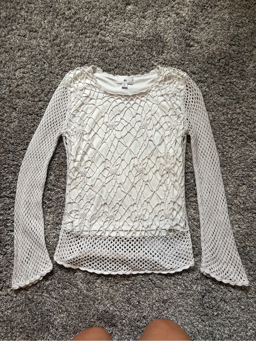 Iz Byer California Cream Crochet Open-Knit Long Sleeve Top